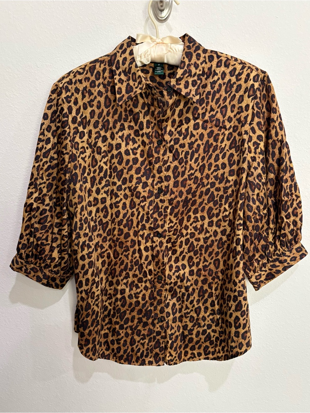 Lauren Ralph Lauren Leopard Print Puff Sleeve Button-Down Cotton Blouse Med. EUC